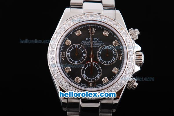 Rolex Daytona Oyster Perpetual chronometer Automatic with Black Dial and Full Diamond Bezel and Diamond Marking - Click Image to Close